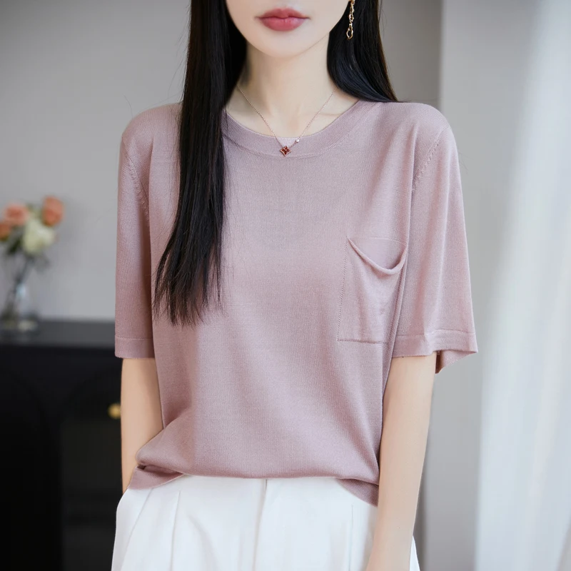 

Spring and Summer New Worsted Wool Short-Sleeved T-Shirt Women' Round Neck Thin Pocket Tops Fashion Loose Vest Solid Half Sleeve
