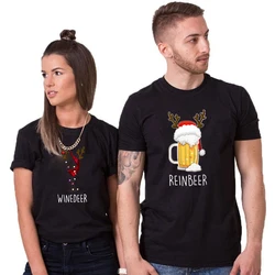 Couple's Clothing Funny Christmas Winedeer and Reindeer Beer Couples Men Women T-shirts Happy Christmas Design Lovers T-shirts