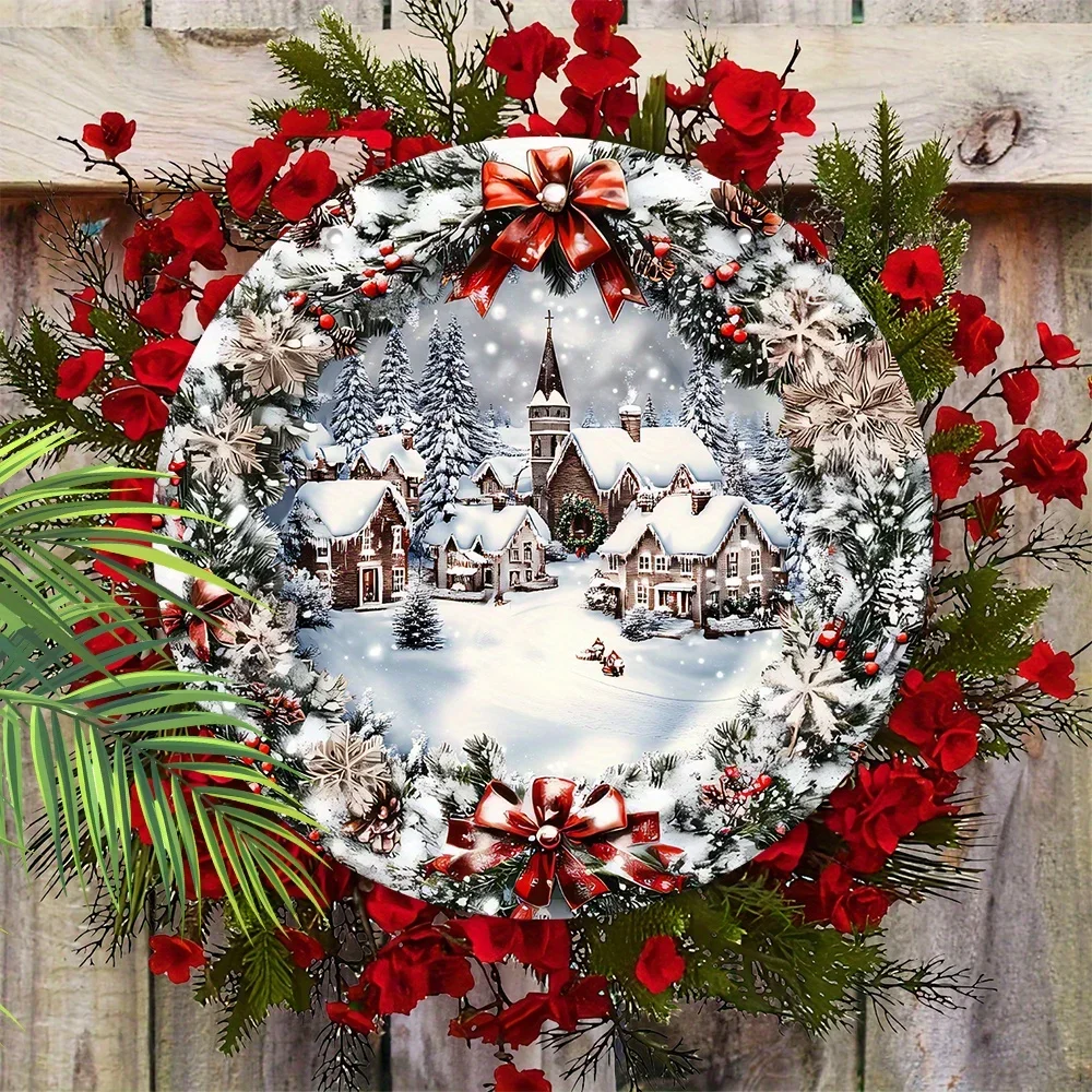 2D شقة، الشتاء عيد الميلاد علامة خشبية تأثير الإغاثة من الجليد وثلج المدينة عيد الميلاد إكليل علامة للباب الأمامي ديكور للتعليق على الحائط