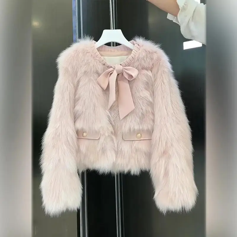 

Новое универсальное женское пальто с длинными рукавами, розовое, пушистое, с бахромой, теплое, зимнее, с узлом