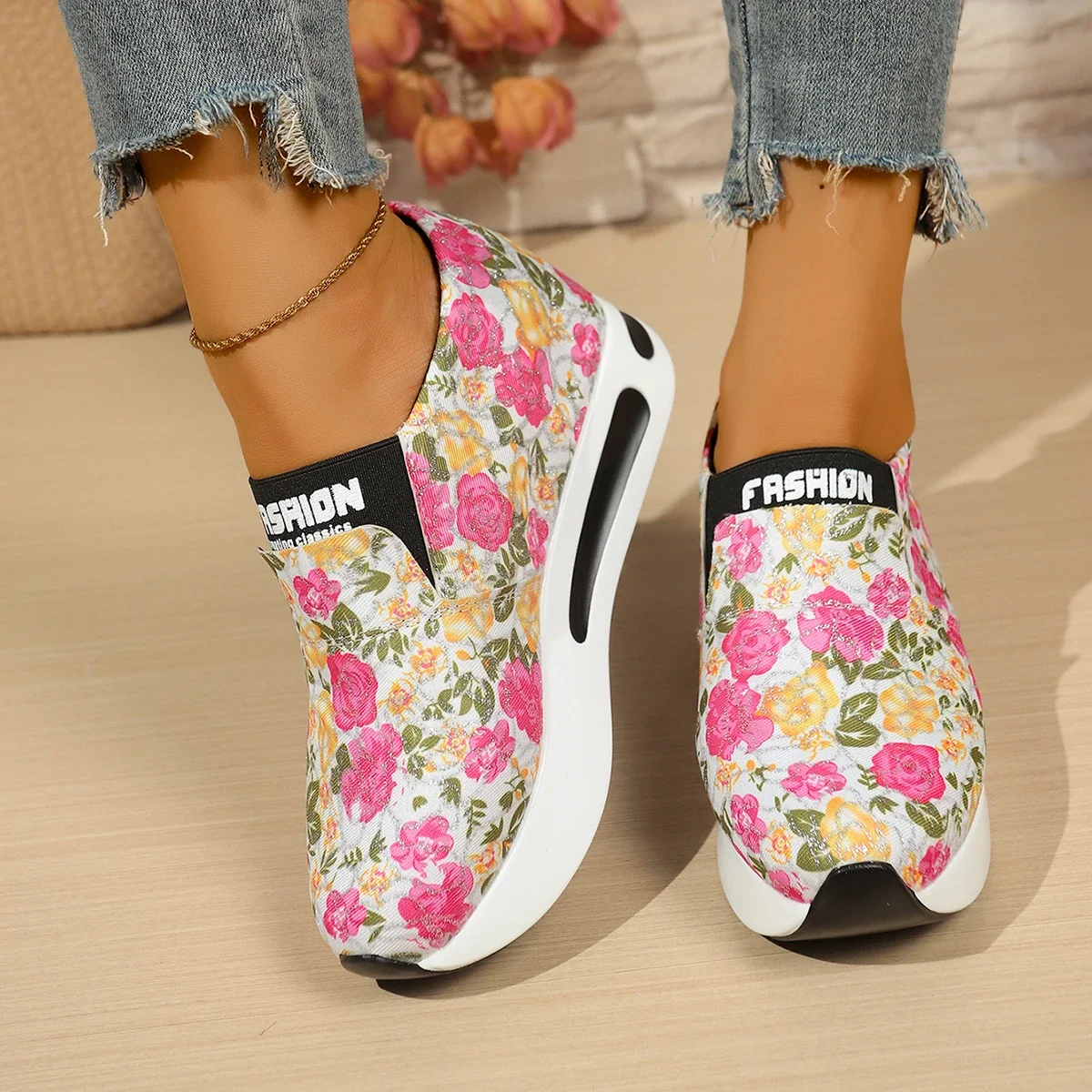 New Arrival Women Floral Canvas Platform Loafers Slip‑on Wedge Sneakers Round Toe Non‑Slip Casual Daily Shoes Plus Size - view 3