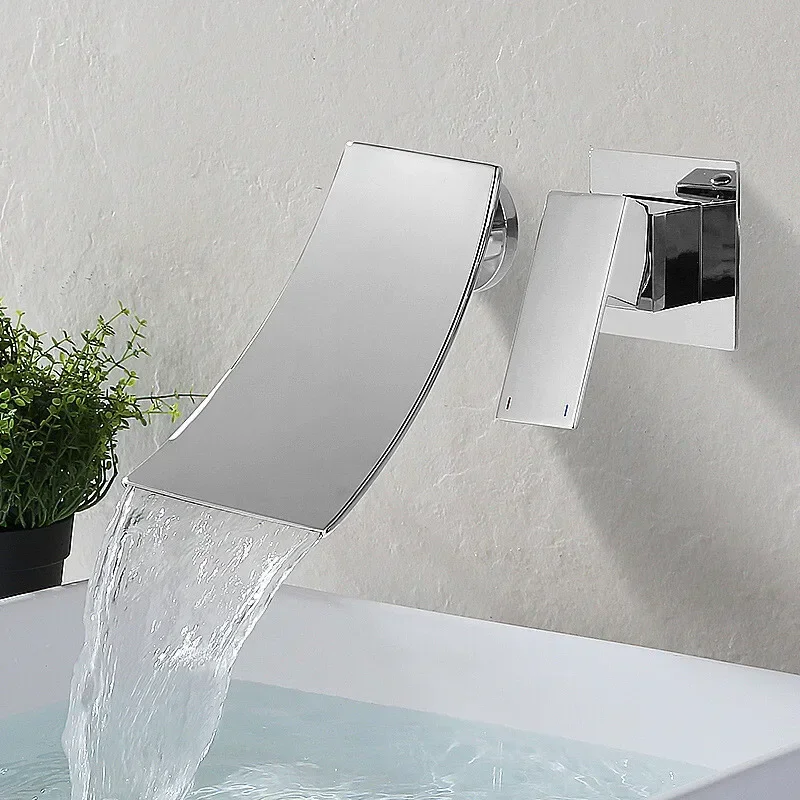 Black Bathroom Basin Faucet Wall Mounted Chrome Sink Tap Waterfall Spout Brass Single Handle Basin Mixer