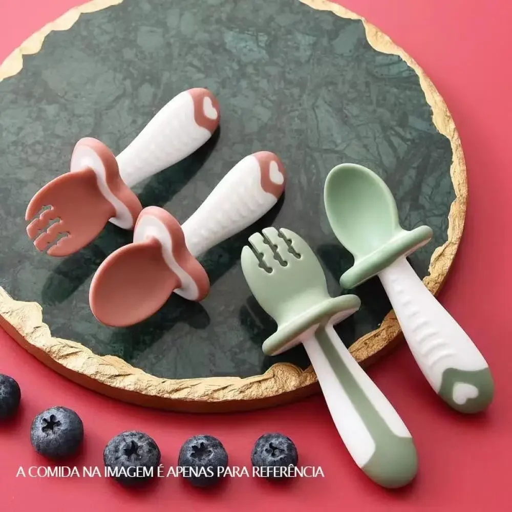 

Baby Silicone Feeding Spoon Fork Set Toddler Self-Eating Training Utensils, Short Handle, BPA-Free, Easy-Clean