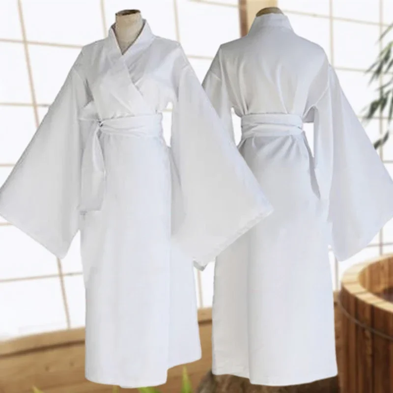 رداء حمام كلاسيكي ياباني للنساء والرجال ملابس نوم يوكاتا بطانة كيمونو بيضاء مع حزام أداء المسرح كيمونو كوسبلاي