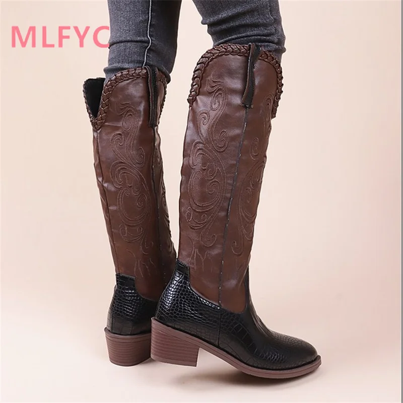 Fashionable Boutique Embroidery High Cut Knights Boots 2023 New V-shaped Thick Heel Large Size Warm and Comfortable Boots