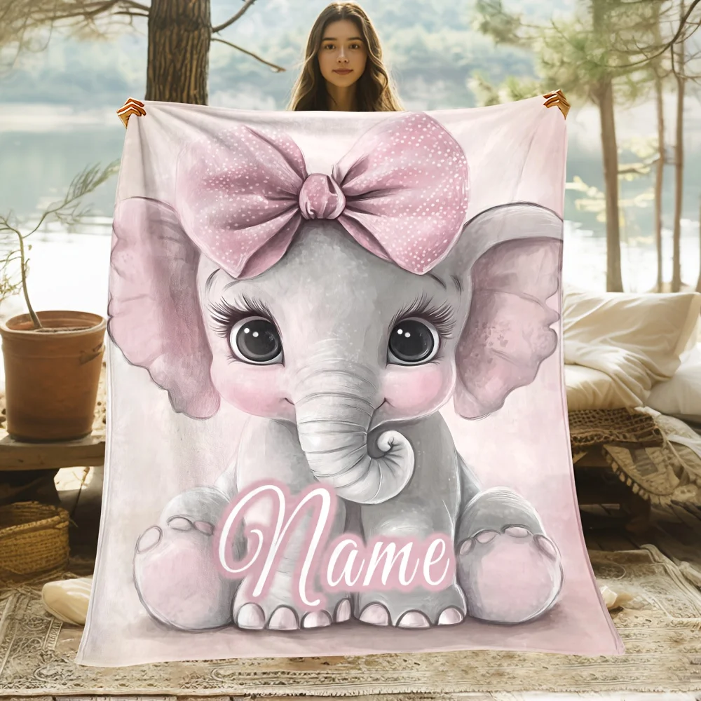 

1pc Personalized Pink Elephant Flannel Throw Blanket Custom Name Soft Lightweight All-Season Blanket for Sofa Bed Travel Camping
