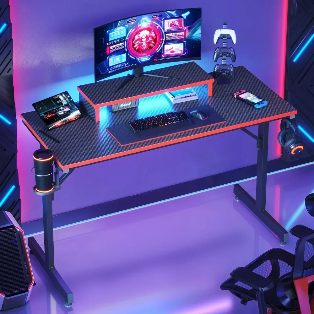 

42" Gaming Desk PC Computer Office Gamer Table Desk with LED Lights & Monitor Stand in Red, Base Material:Carbon Fiber