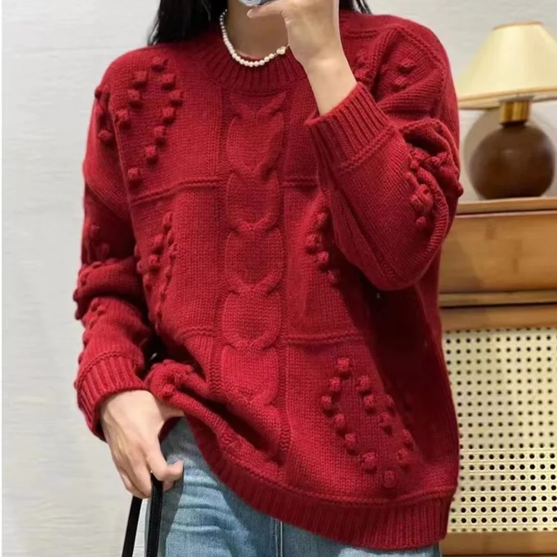 

New fashionable round neck's Korean anti-aging knitwear red wild idle style thick sweater women's wholesale