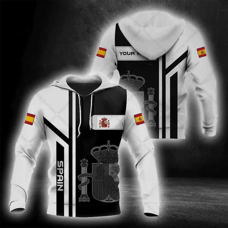 

Custom Name Spain Emblem Black & White Hoodies Unisex Loose Fashion Sweatshirts Winter Casual Oversized Streetwear