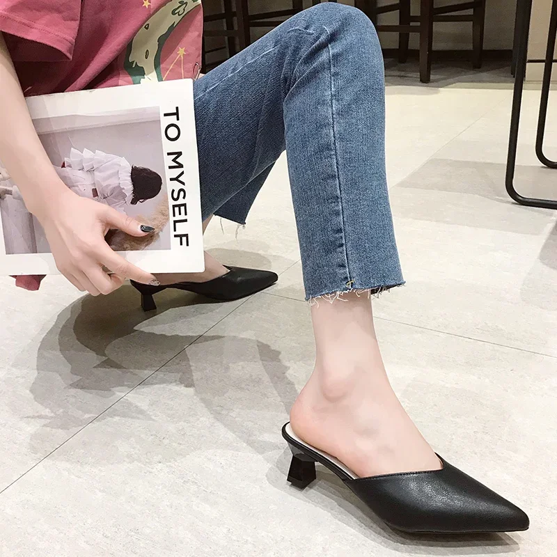 Thin Heels Pointed Toe Female Shoes Ladies\' Slippers Low Shallow Mules For Women Luxury Slides New Designer Fashion Bas