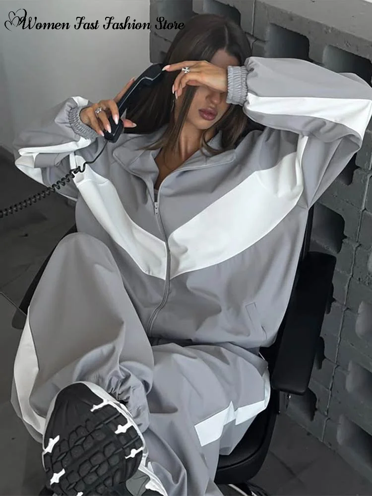Contrast Color Zipper Jacket Trousers Set Women's Casual Lapel Full Sleeve Coat Loose Wide Leg Pants 2026 Autumn Lady Tracksuits