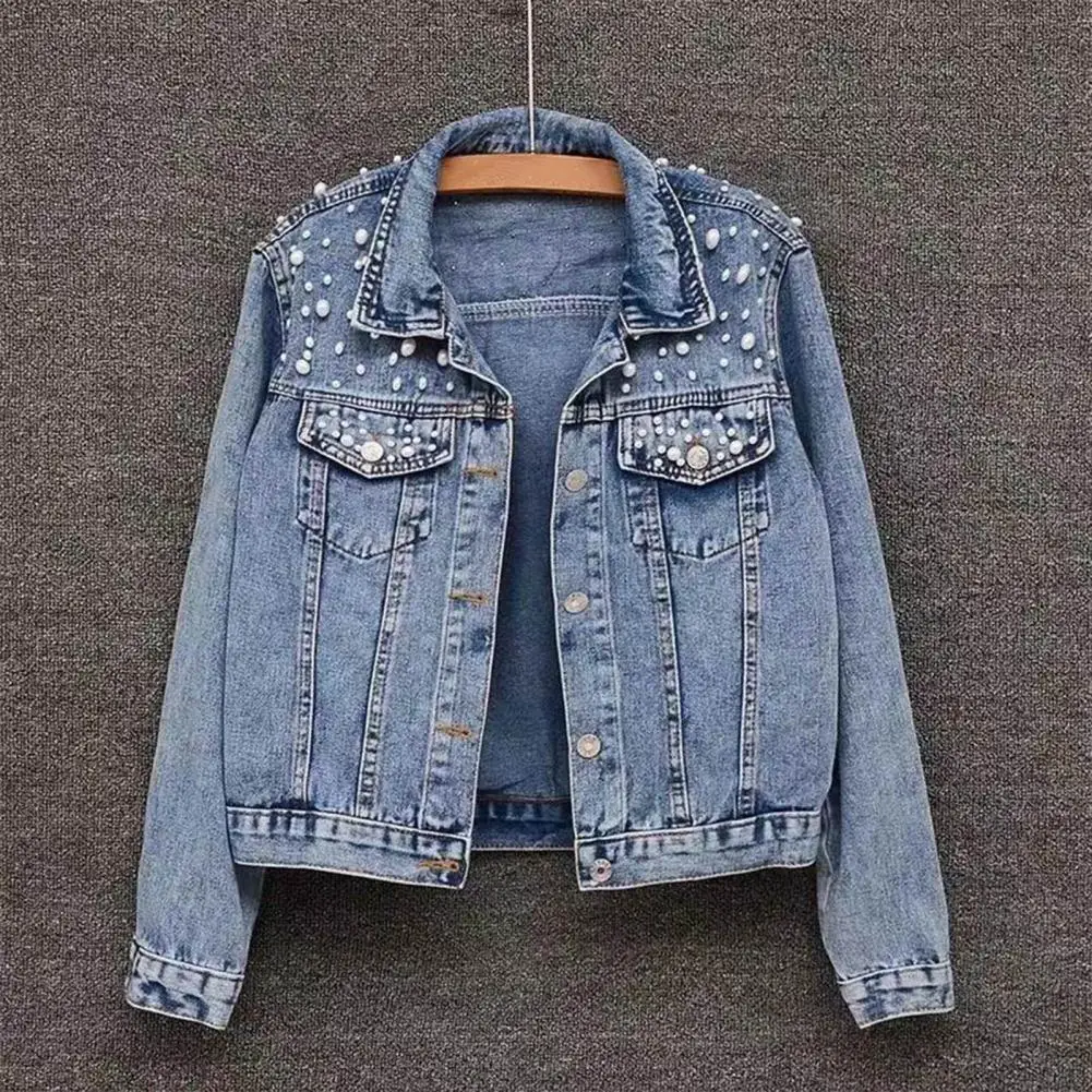 

Women Coat Stylish Winter Denim Coat with Bead Decor Chest Pockets for Women Plus Size Long Sleeves Turn-down Collar Button