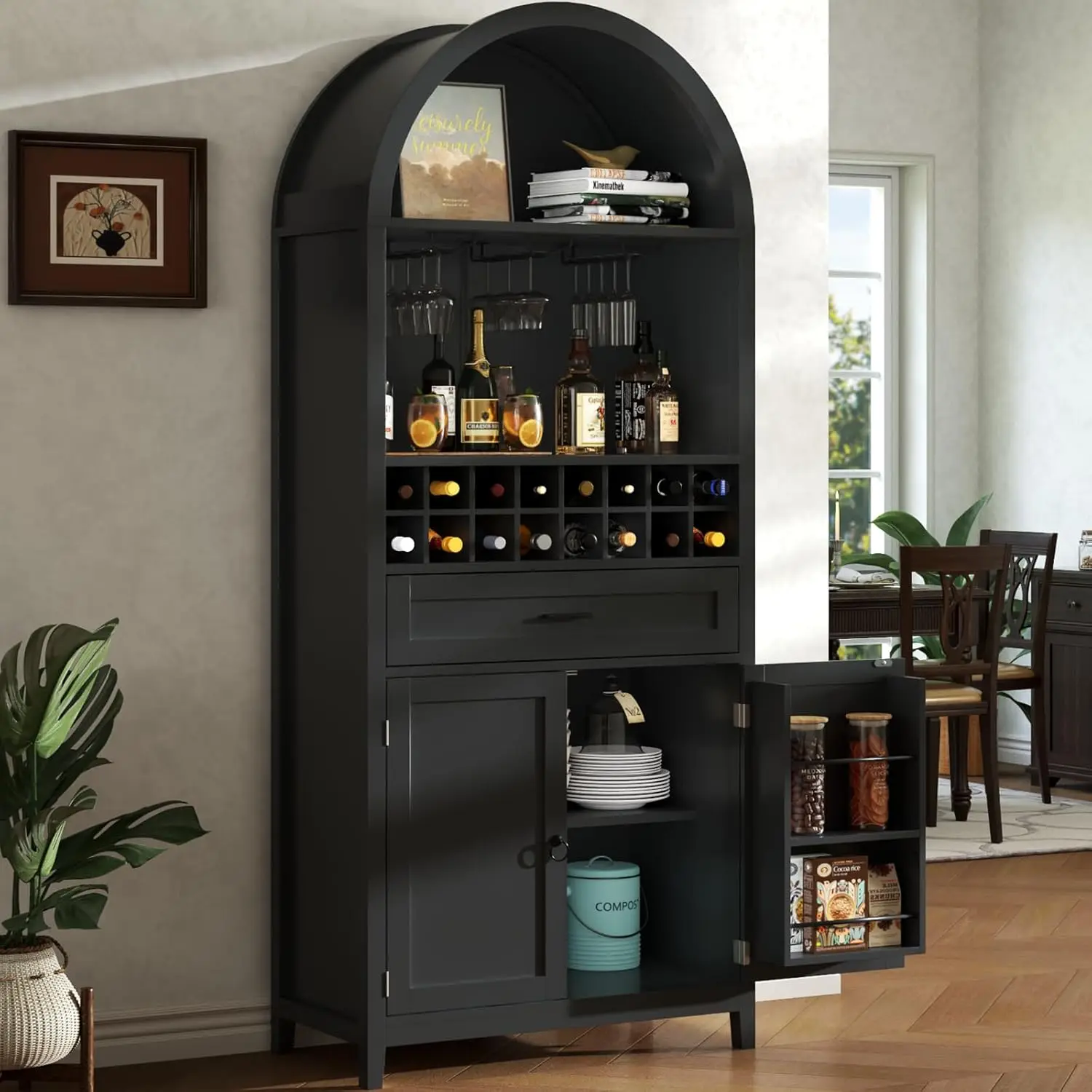 

75.7" Tall Arched Wine Cabinet, Liquor Cabinet for Home, Versatile Cupboard for Dining Room (Black)