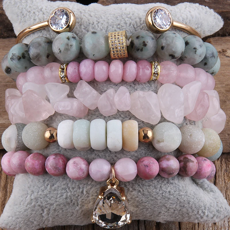 RH Fashion Boho Beaded Bangle 6pc  Stack Bracelet Set For Natural Stone And Crystal Bohemian Jewelry DropShip