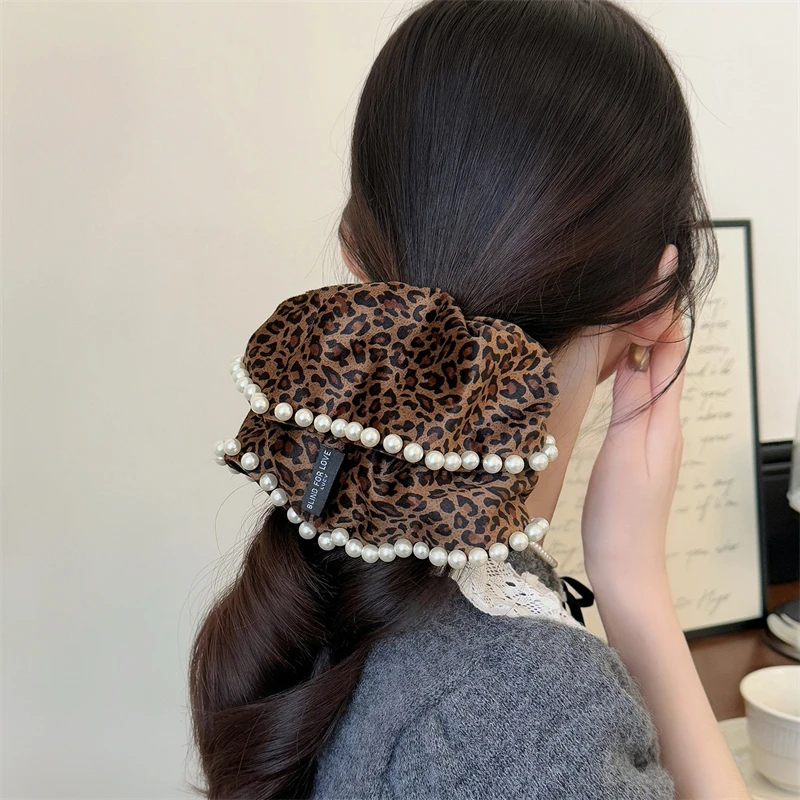 Korean High-end Leopard Print Large Intestine Scrunchie Female Pearl Lace Light Luxury Ponytail Head Rope