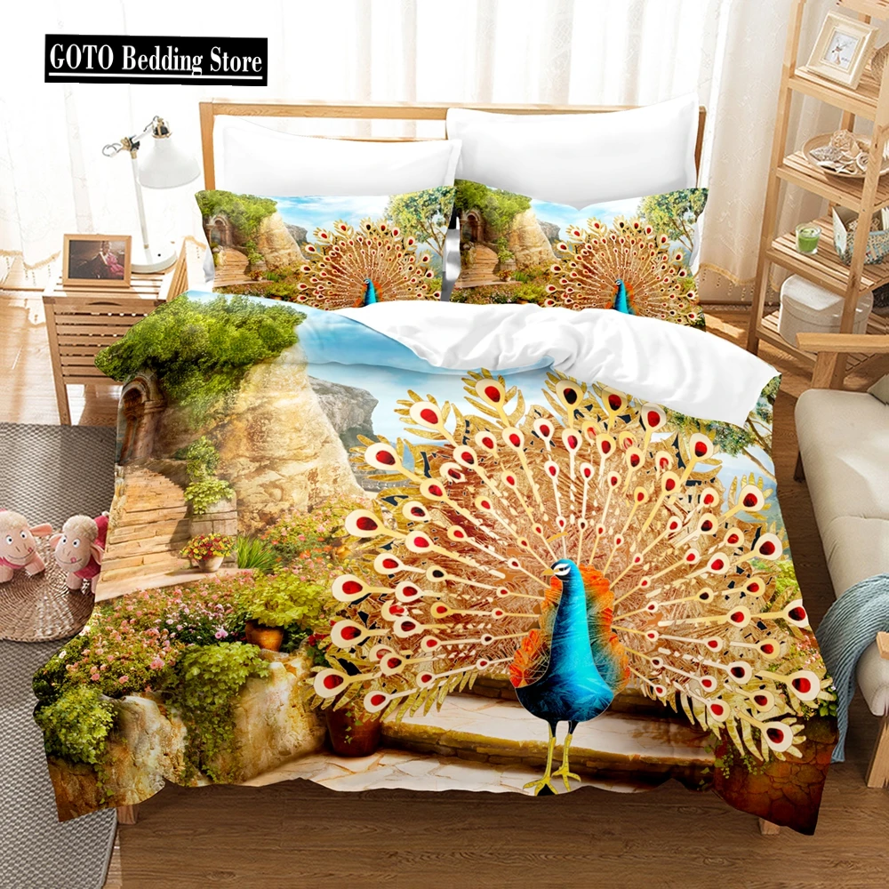 

228x228 Bedding Set Adults Peafowl Duvet Cover Pillowcases Bed Cover Sets Twin Full Queen King Home Textile 100% Bamboo Fiber