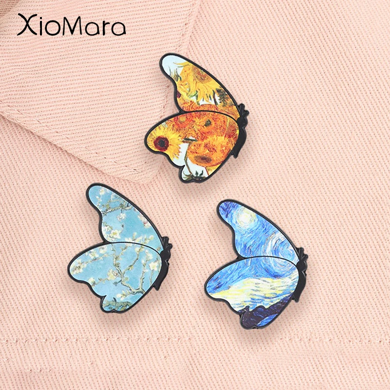 Van Gogh Oil Painting Enamel Pins The Starry Night Sunflower Almond Blossom Butterfly  Brooches Lapel Badge Art Jewelry Gifts