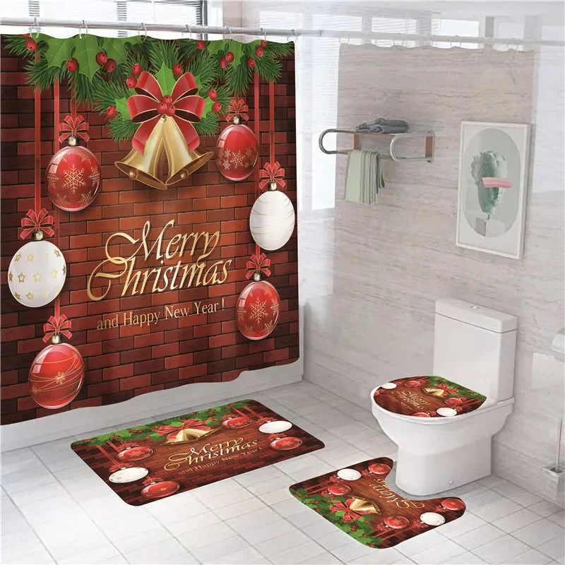 

Red Christmas Bell Print Shower Curtain Set with Hooks Festival Bathroom Curtain Set Decor Anti-slip Bath Mat Set Rugs Toilet