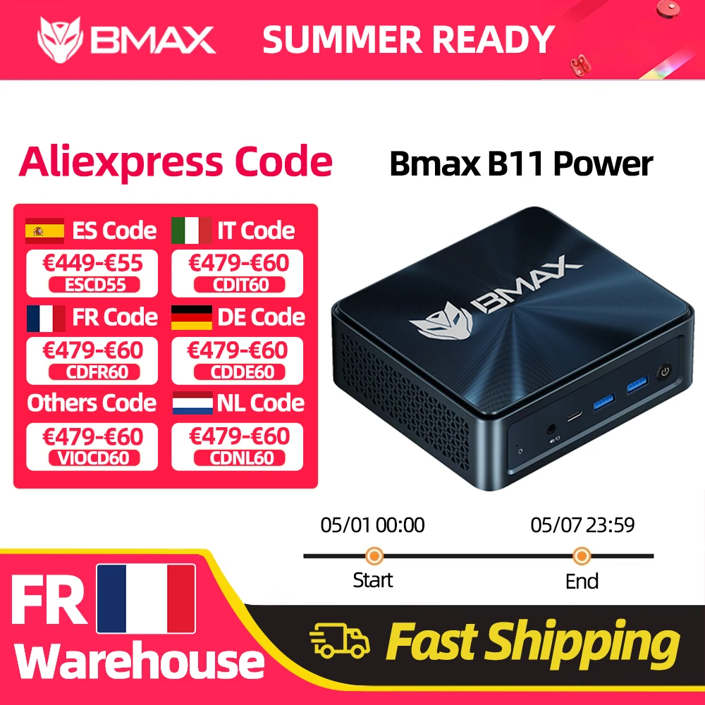 Mini PC BMAX B11 Power, Intel Core Ultra 7 155H, 16 cœurs, 22 threads, 24 Go de RAM, 1 To de SSD, Wi-Fi, Bluetooth, USB, HDMI, Type-C, Windows 11