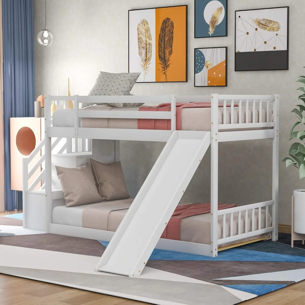 Solid Wood Low Bunk Bed for Kids, Twin Over Twin Floor Bunk Bed with Slide and Stair, Stairway with Storage Shelves/Handrail, Sp