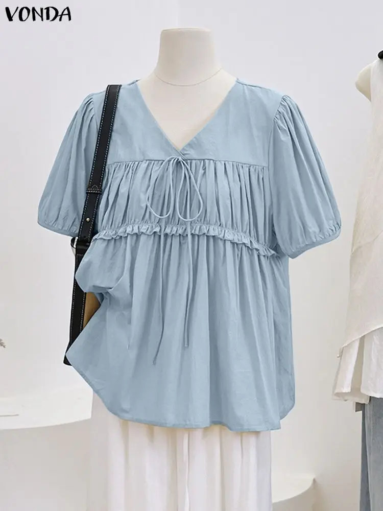 VONDA Fashion Tops Women Summer Short Puff Sleeve Blouse 2025 Stylish Pleated Ruffled Shirts V-Neck Bandage Casual Solid Blusas