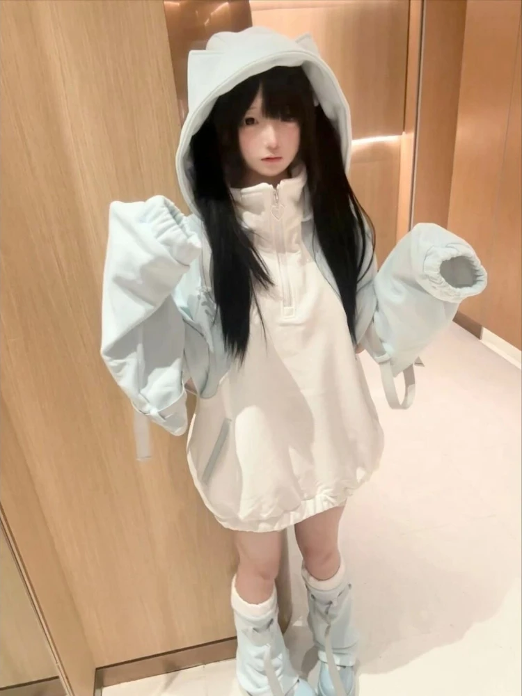 เสื้อฮู้ดดี้ลายหูแมวสไตล์ญี่ปุ่นสีตัดกัน น่ารัก สไตล์ Y2K แนวสตรีทลำลอง ทรงโอเวอร์ไซส์ สำหรับผู้หญิง สไตล์ฮาราจูกุ เสื้อฮู้ดดี้ซิปสำหรับฤดูใบไม้ร่วง