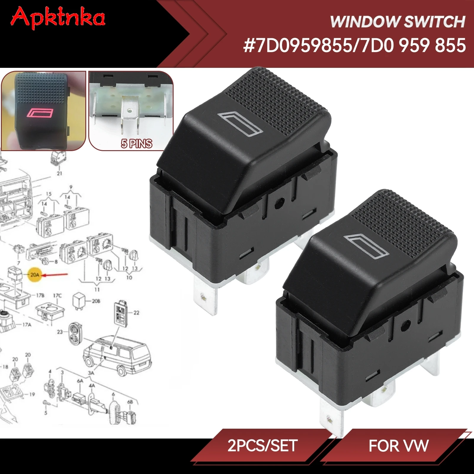 2x Electric Power Window Control Switch Lifter Button for Volkswagen VW Transporter T4 1996-04 Seat Ibiza 7D0959855 7D0 959 855