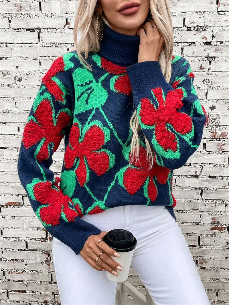 Women's 2024 Fall Flower Turtleneck Sweater Oversized Casual Long Sleeve Floral Knit Pullover Sweaters