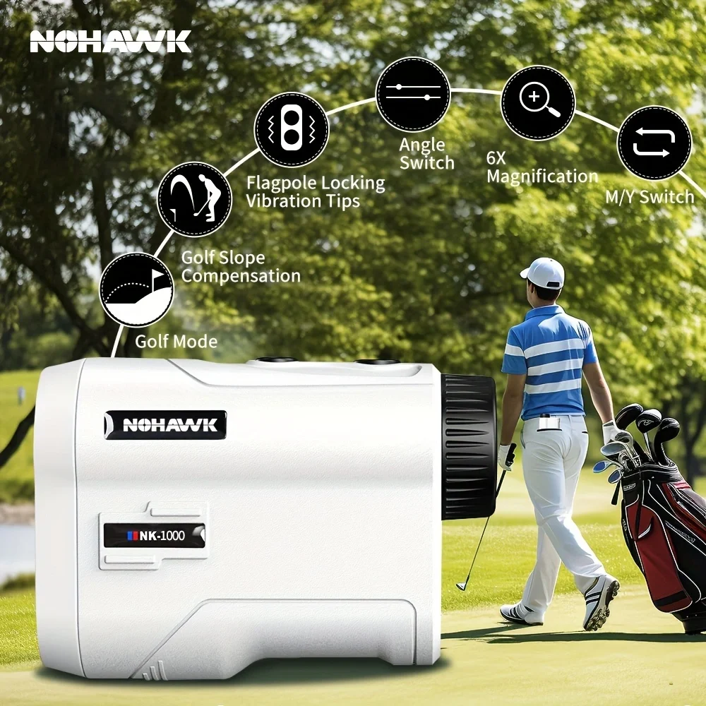 

NOHAWK Дальномер для гольфа со наклоном, 1000 м, 6-кратное увеличение с фиксатором флага и вибрацией для игроков в гольф/застежек
