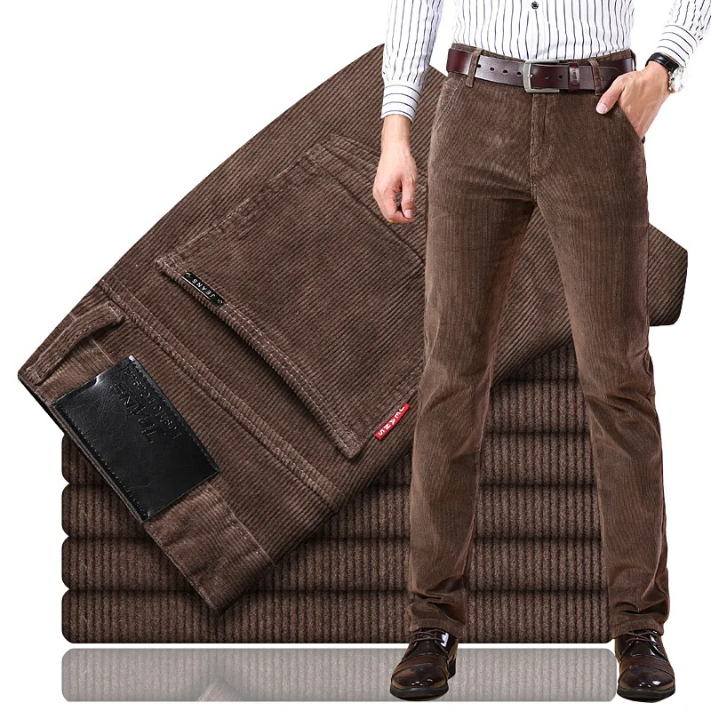 Autumn and Winter New Corduroy Pants for Men Straight Slim Stretch Trousers Business Casual Pants Male Brown Khaki Black Blue