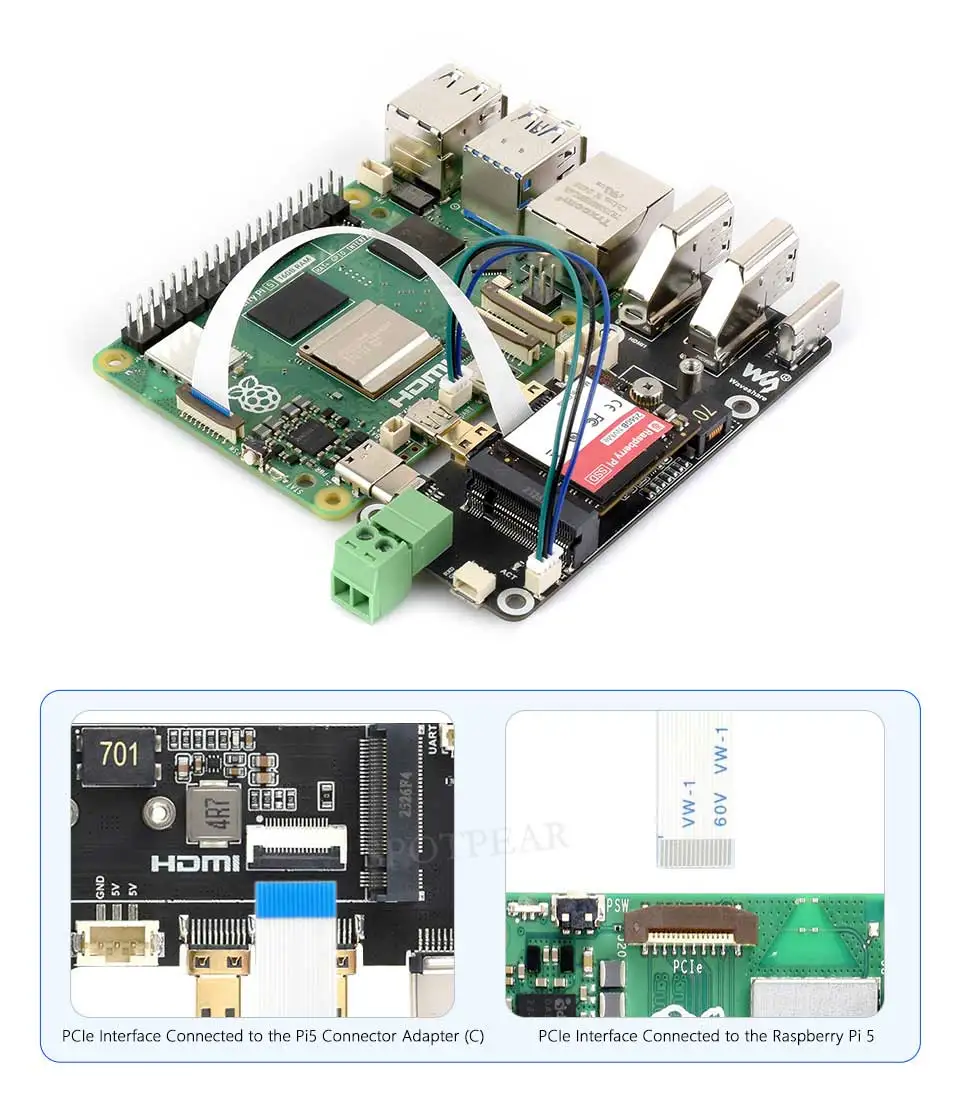 Picture 6: Raspberry Pi 5 PCIe to M.2 Multi Function Adapter Board Supports Dual 4K HDMI Output Supports  2230 2242 size M.2 SSD