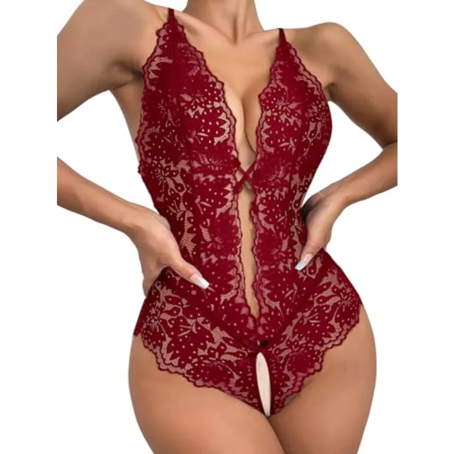 

Sexy Deep V Lace Sheer Teddy Lingerie Bodysuit Top One Pcs