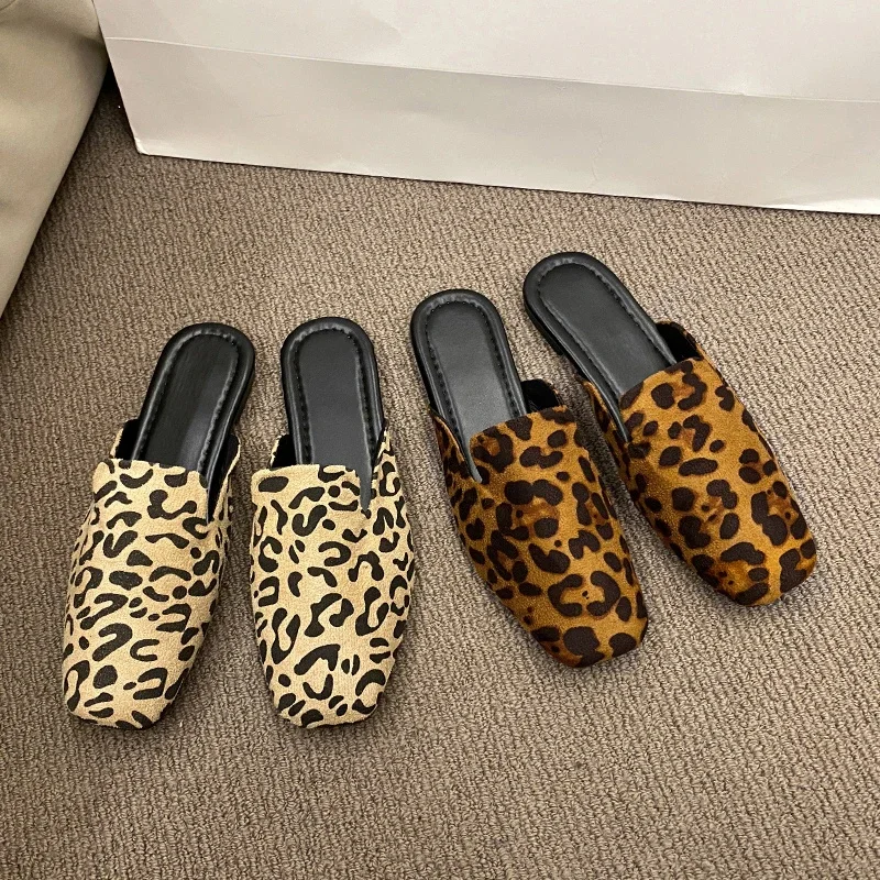 Fashion Leopard Mules Shoes Women Fur Slippers Velvet Ladies Low Heel Flower Decoration Sandals Woman Flip Flops 42 Size Slides