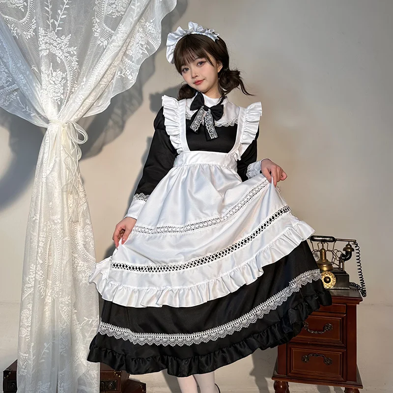 Housekeeper Uniform Plus Size Anime Classical Maid Cosplay Costume Women Lolita Long Sleeve Lace Party Show Apron Maids Outfit