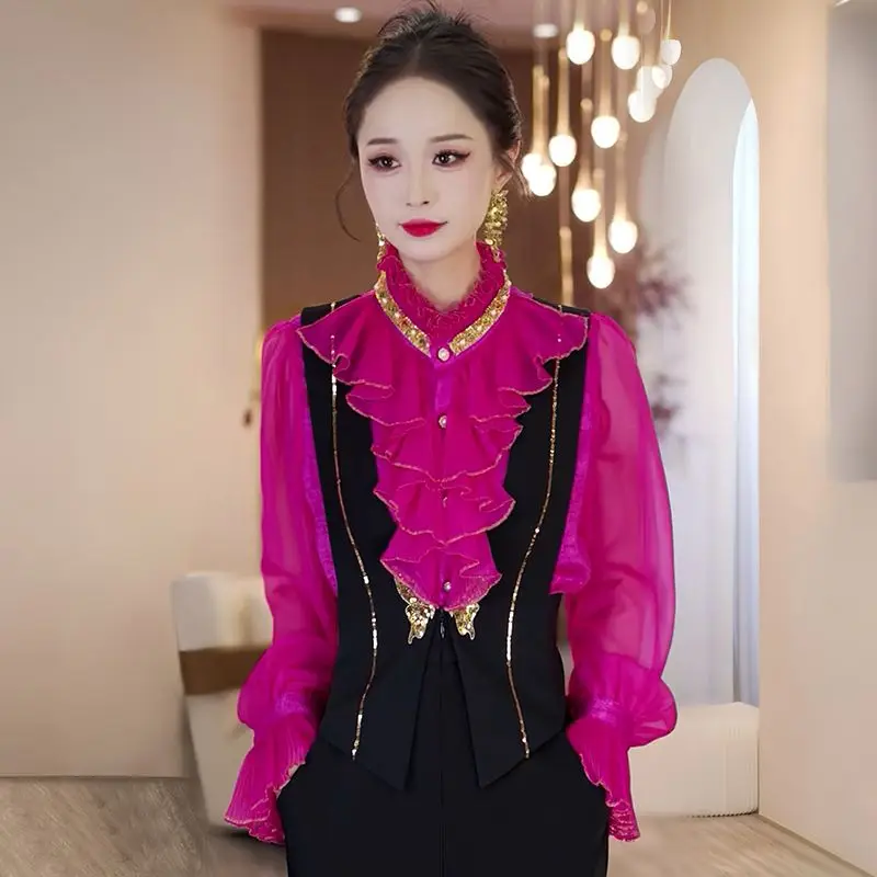 2024 New Rose Red Long Sleeve Loose Shirt for Women Rich Lady Western Style Noble Top French Style Small Shirt