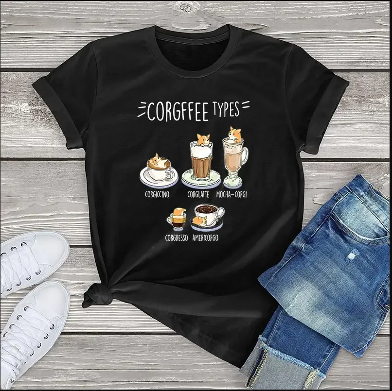 Camiseta divertida de 100 algodón para mujer, ropa artística de estilo gordito, Kawaii, vintage, con estampado de perro Corgi