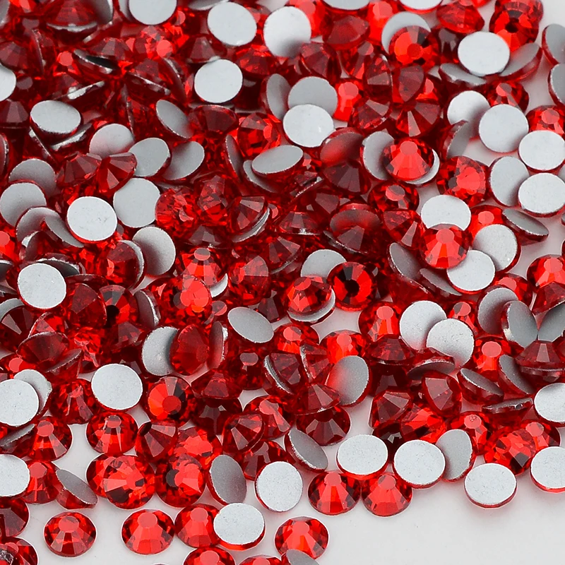 SS3-SS30 Red Glass Flat Back Rhinestone Rose Glitter Round Glue On Gemstones Non Hotfix Stones for Nail Art Fabric Decoration