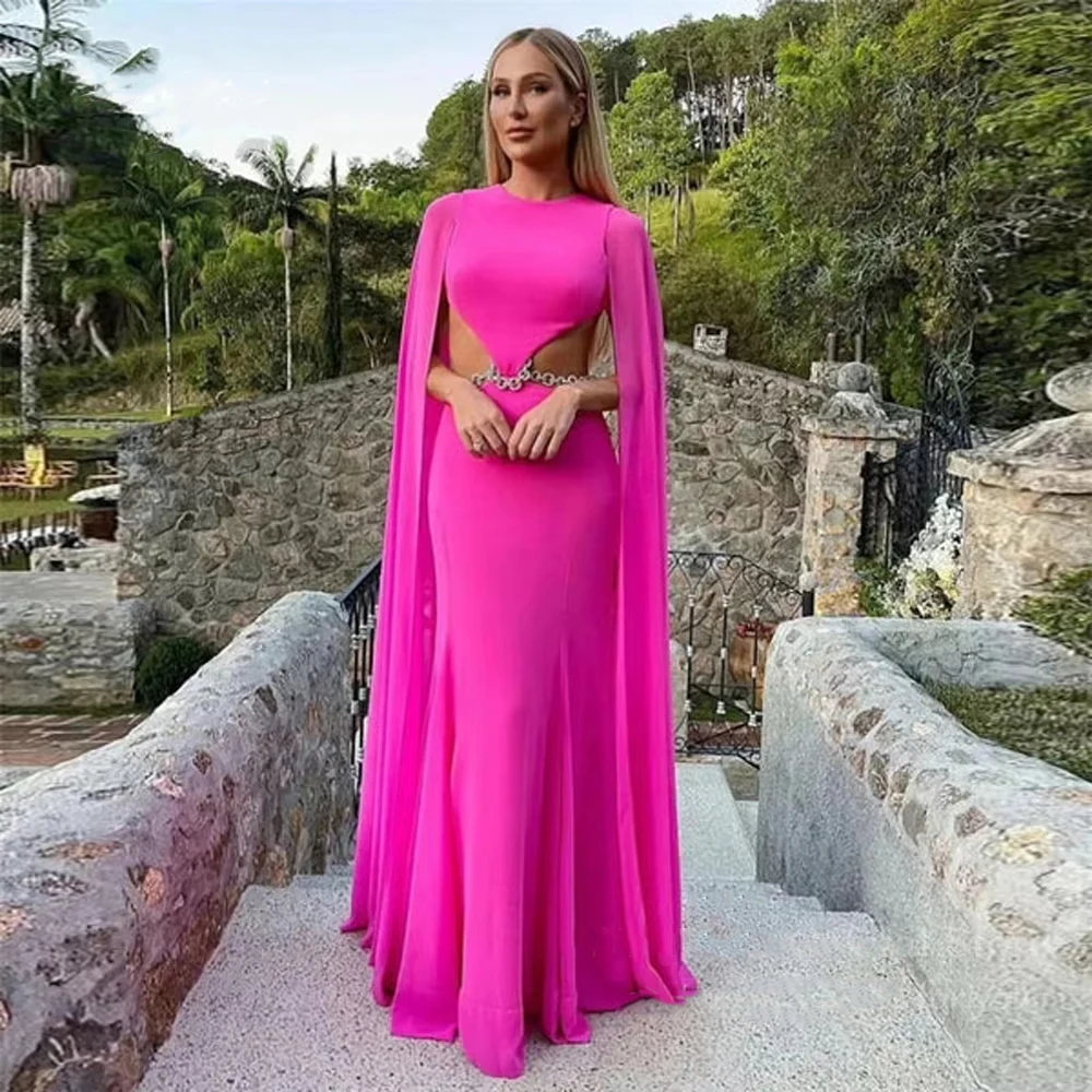 

Hot Pink O-Neck Cut-out Prom Dress 2025 Chiffon Shawl Sexy Backless vestidos de noiva Customized Elegant Evening Party Dresses