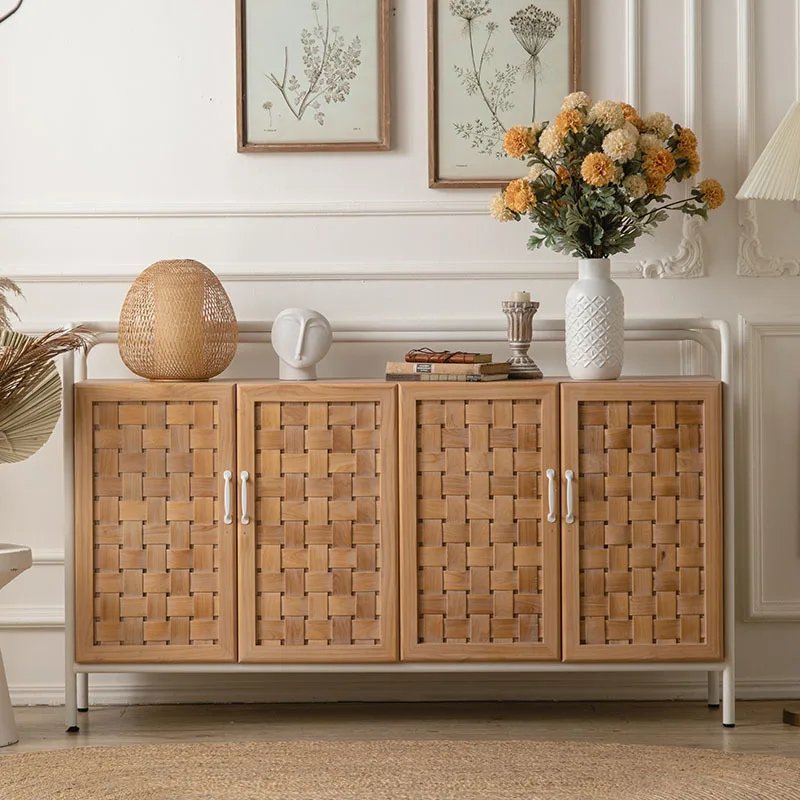 

French vintage sideboard, solid wood, cream woven-wood, wall-to-wall entryway decorative cabinet, living room, wood cabinet, sto