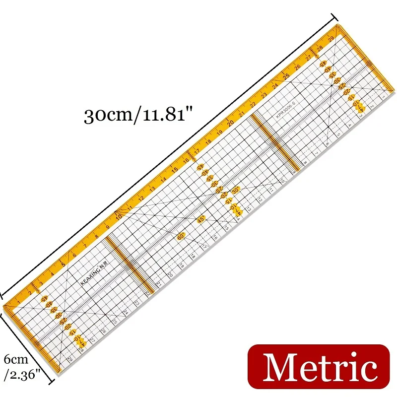 30cm Acrylic Tailor\'s Ruler with Reinforced Steel Edge for Blade Protection