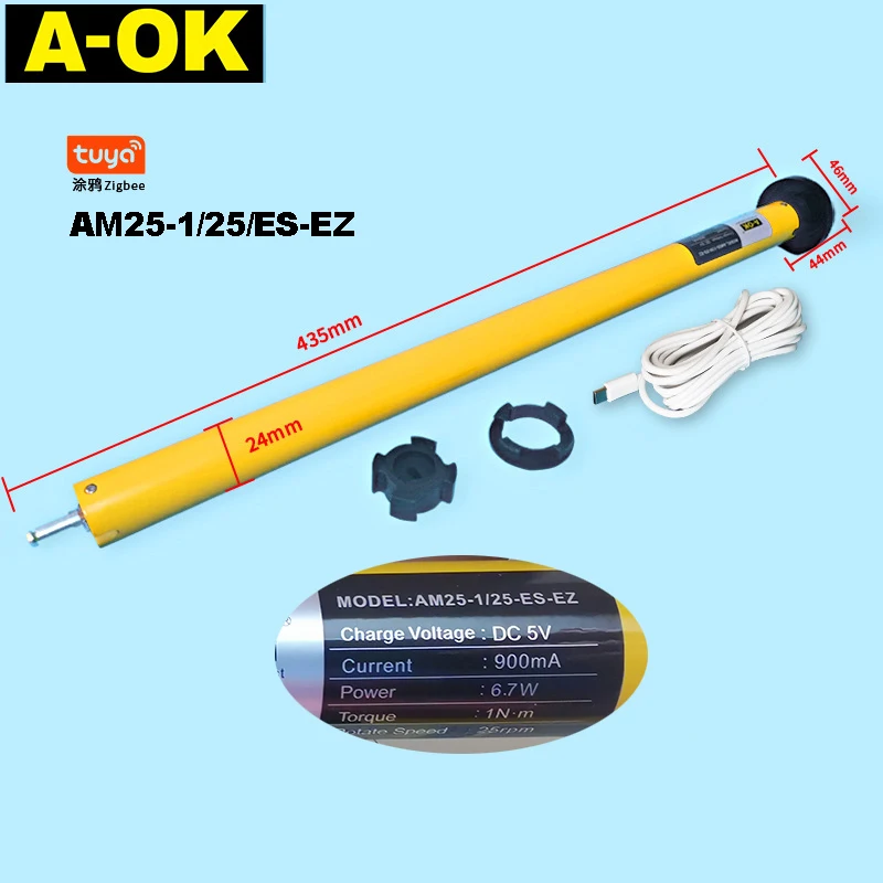 A-OK AM25 Tuya Zigbee Smart RF433 Tubular Motor DC Roller Blind Shutter Li Battery Motor for 38mm Tube Alexa /Google home/ Alice