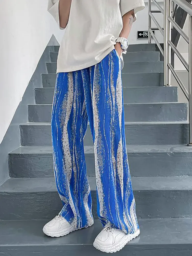 

Streetwear Tie-Dye Ice Silk Summer Baggy Wide Leg Oversize Pants Men Japenese Harajuku Straight Long Trousers Korean Popular