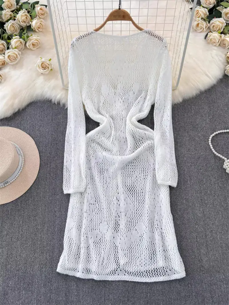 New Chinese Style Button Up Long Sleeved Sun Protection Dress For Women 2024 Summer New Slim Fit Beach Lace Tunic Dress K641