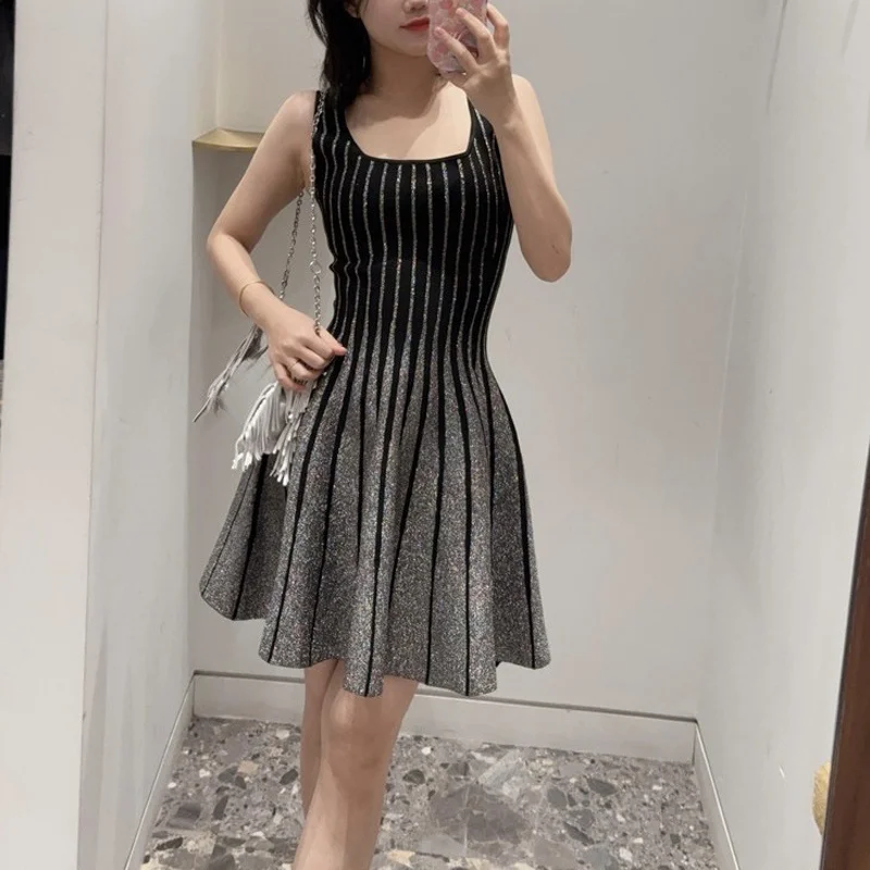 

SANCCOHOUSE 2025Fall/Winter Fashion Vertical Striped Tank Dress,Slimming Knit Vintage Mini Dress,Waist Cinching,Elegant&Stylish