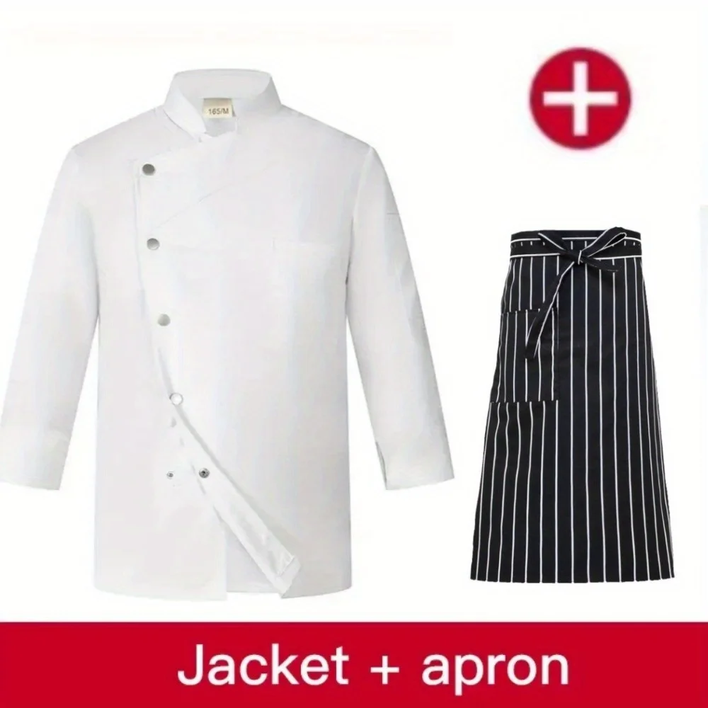 ชุดเชฟ 2 ชิ้น เสื้อยืดและผ้ากันเปื้อน ชุดทำงานสำหรับเชฟ แม่ครัว พนักงานเสิร์ฟ ร้านอาหาร โรงแรม เสื้อผ้าผู้หญิง เสื้อเชฟสีขาว