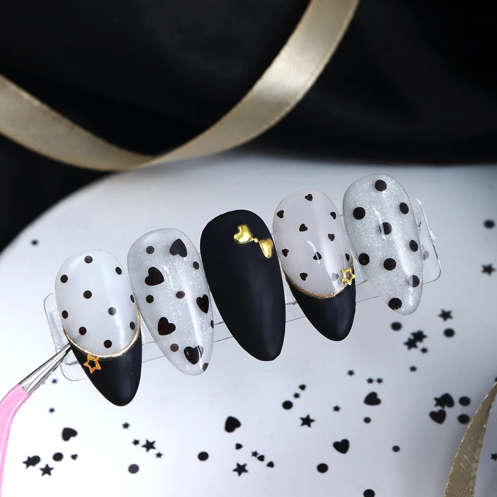 อุปกรณ์ตกแต่งเล็บแบบกลิตเตอร์สีดำขนาดเล็ก รูปหัวใจ ดาว วงกลม สำหรับทำเล็บสไตล์ดาร์ก DIY
