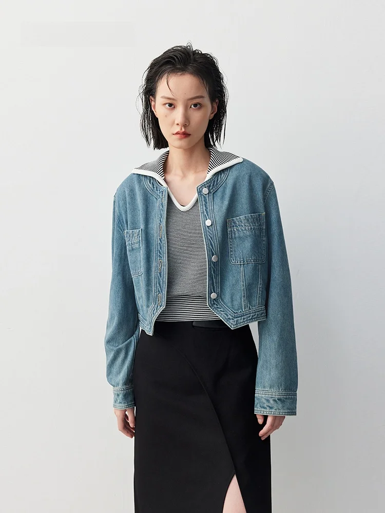 

XMOOM Осенняя новинка: джинсовая куртка в стиле ретро с круглым вырезом, оригинальный дизайн, из смесового хлопка, приталенный крой, для женщин