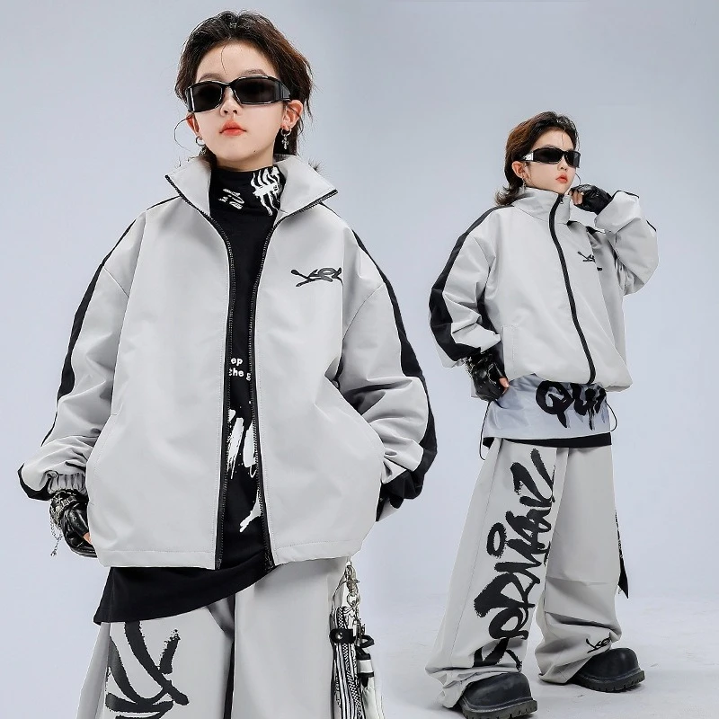 

Boys Street Dance Hip Hop Clothes Baggy Gray Coat Pants Outfit Fashion Poppin Breaking Performance Clothing Group Stage Costume