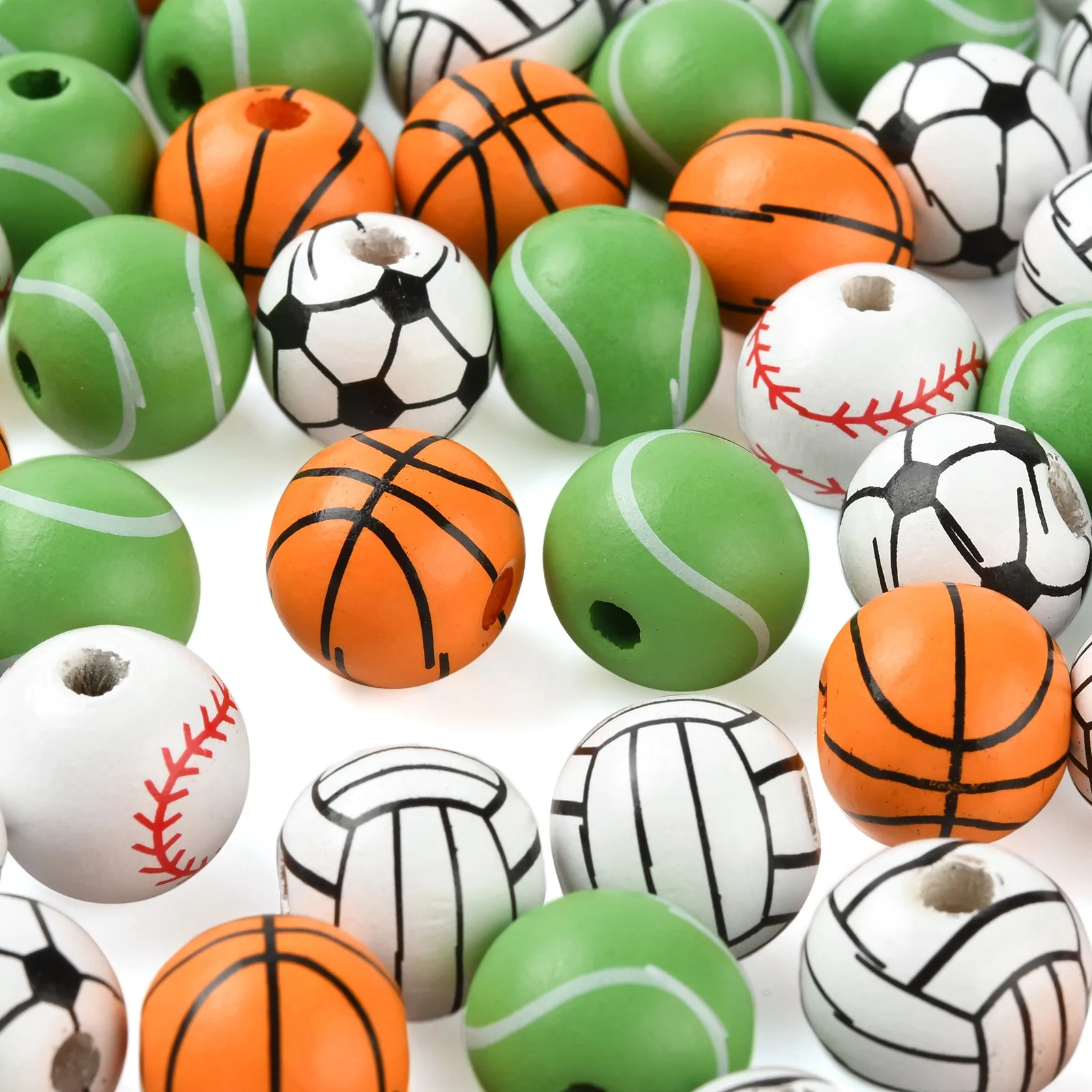 500pcs Painted Sport Natural Wooden Beads Football Basketball Round Loose Spacer Beads For DIY Jewelry Making Accessories