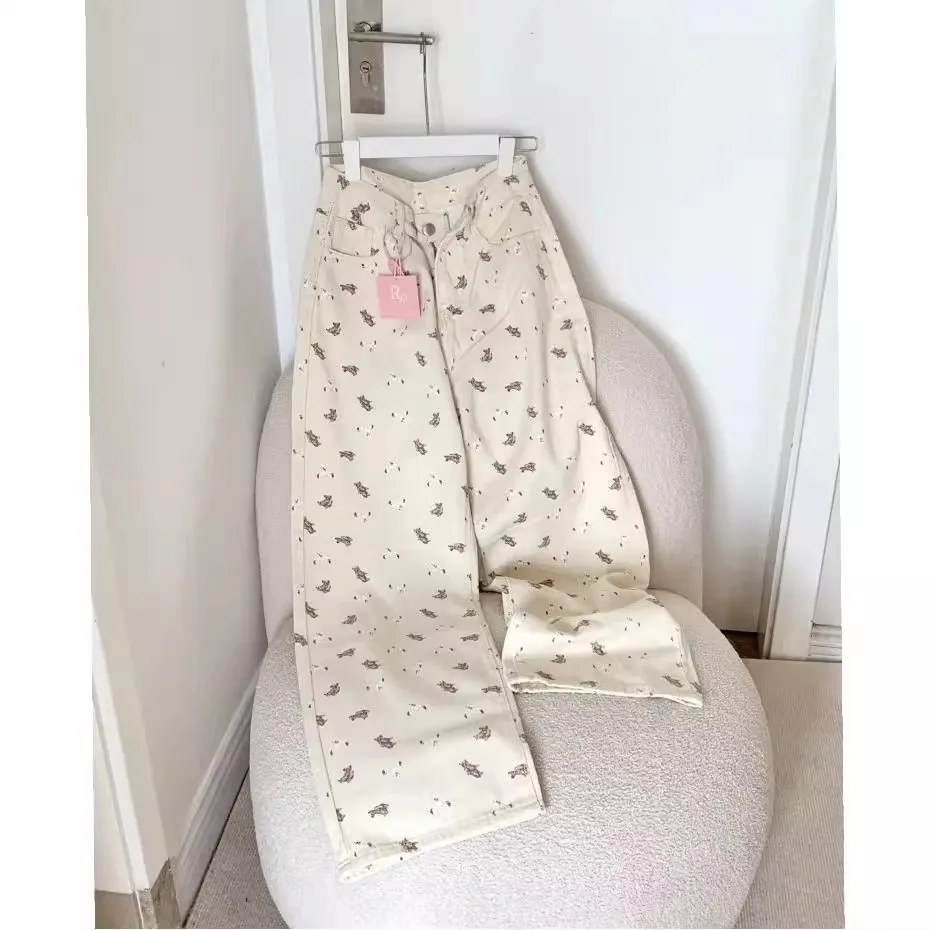 

plus Size Men's High Waist Printed Denim Jeans American Sle Straight Leg Long Trousers Trendy Casual Wear for Teens